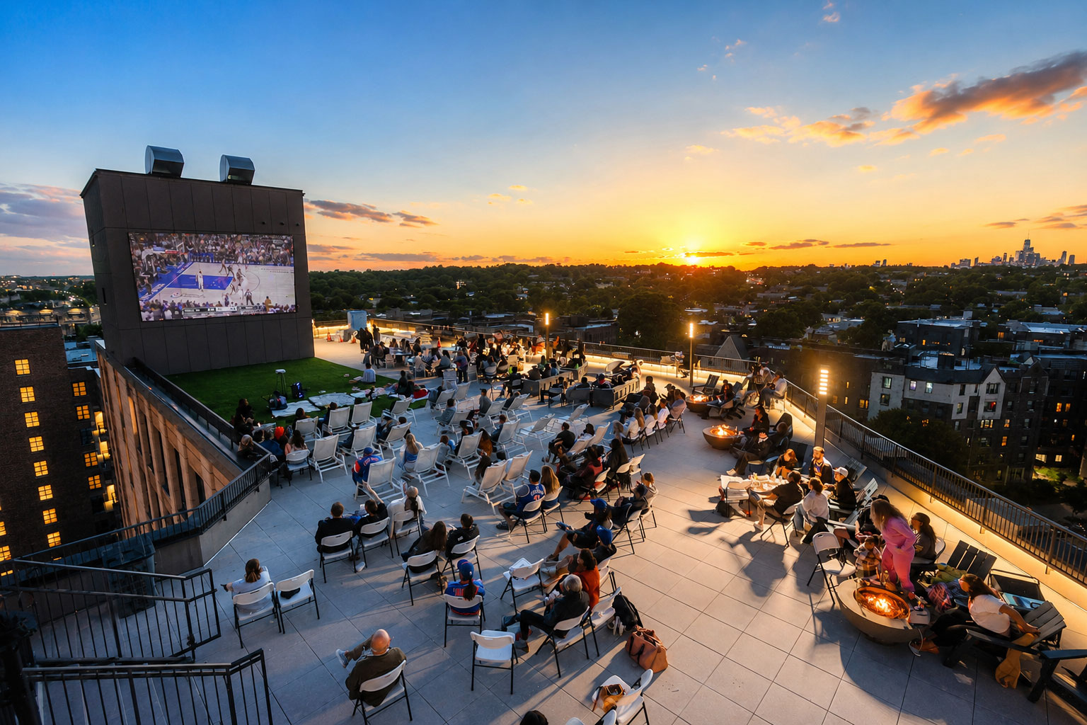 Rooftop terrace at One Park Point apartments overlooking Prospect Park